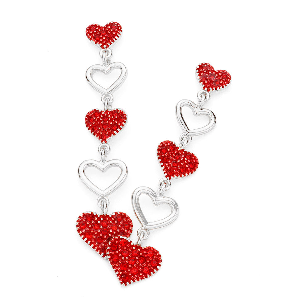 Rhodium Rhinestone Paved Heart Link Dropdown Earrings add a touch of glamour to any outfit. The rhinestones are carefully placed in a heart link design, giving these earrings a unique and luxurious look. Elevate your style with these stunning earrings.