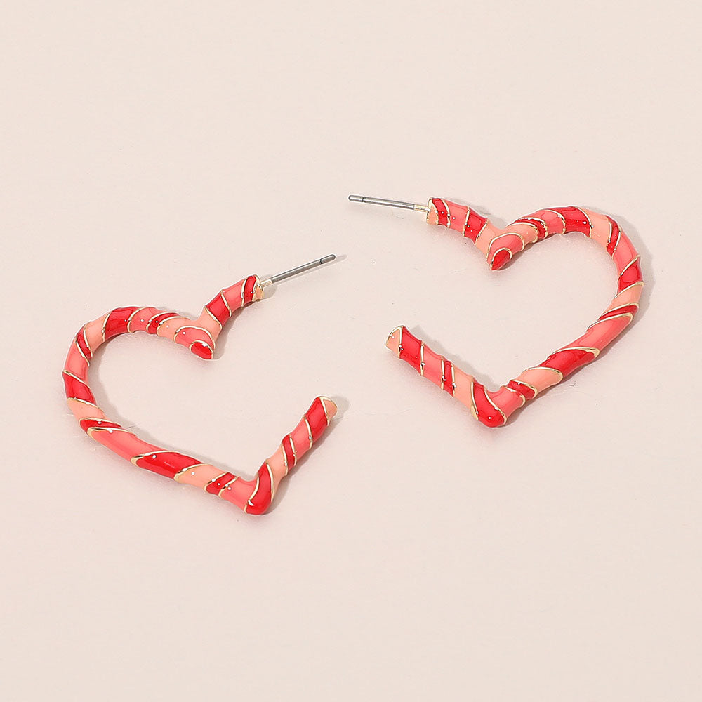 Madeline Love Gold, Red Enamel Twisted Candy Cane Open Heart Hoop Earrings