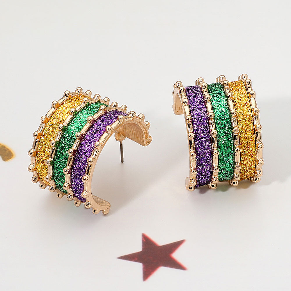 Multi Mardi Gras Glitter Stripe Hoop Earrings
