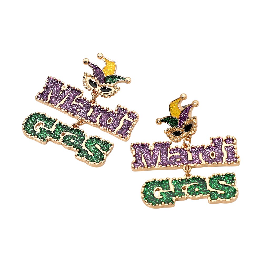 Multi Festive Mardi Gras statement drop earrings featuring playful masquerade mask accents and bold letter charms with lively movement. Designed for parades, parties, and themed celebrations, these eye-catching earrings add fun personality, dramatic flair, and standout appeal to Mardi Gras outfits and party looks.