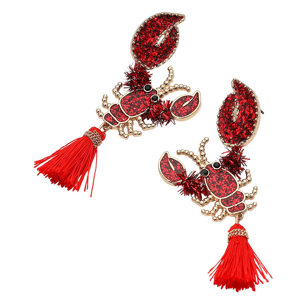 Red Glitter Enamel Lobster Tassel Drop Dangle Earrings