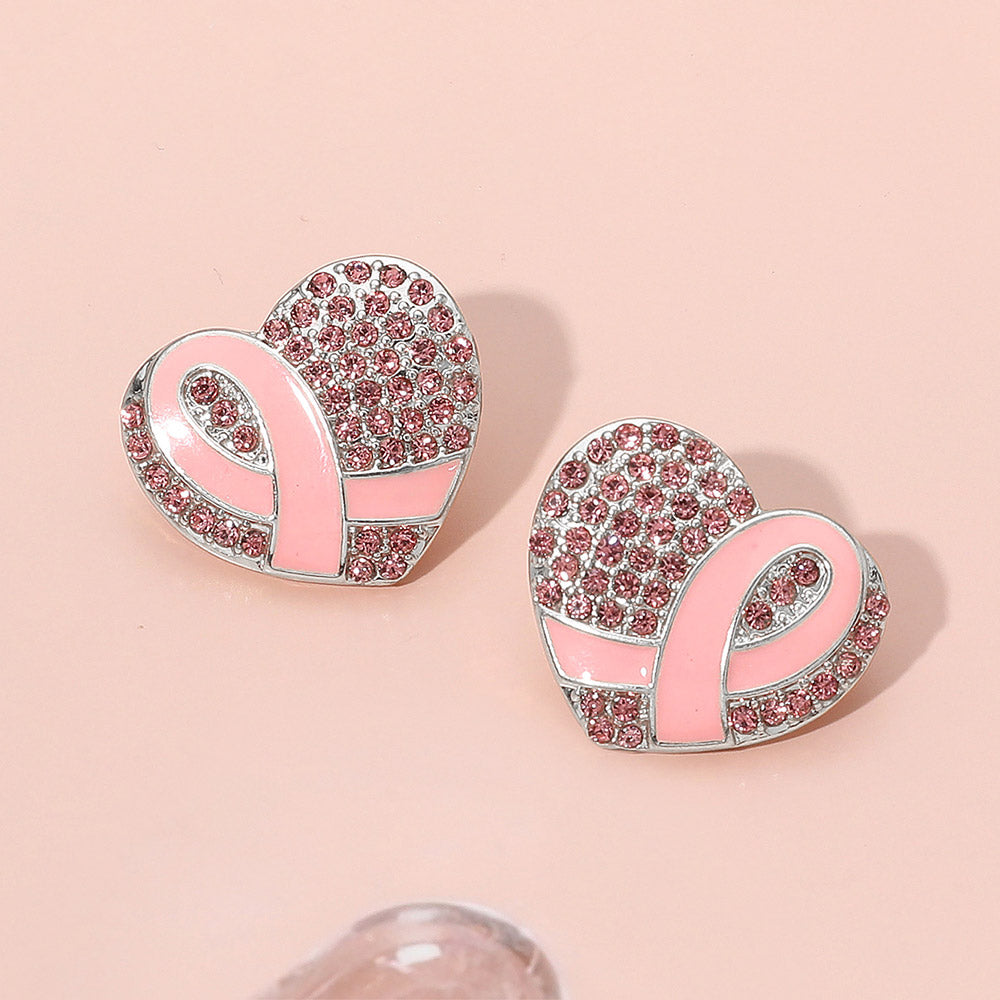 Light, Pink, Rhodium Pink Ribbon Heart Breast Cancer Awareness Heart Earrings
