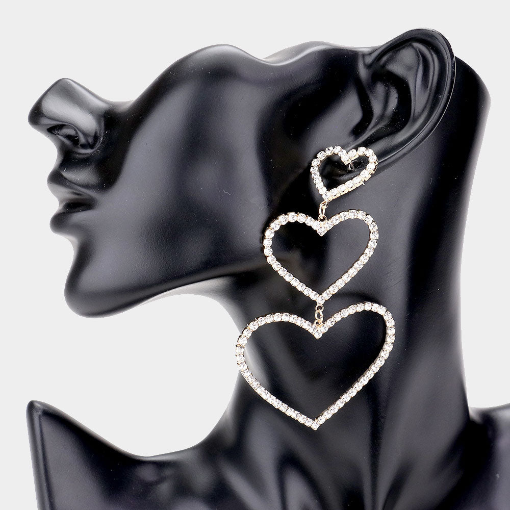 Rhinestone Triple Open Heart Link Dangle Earrings - Gold - Earrings