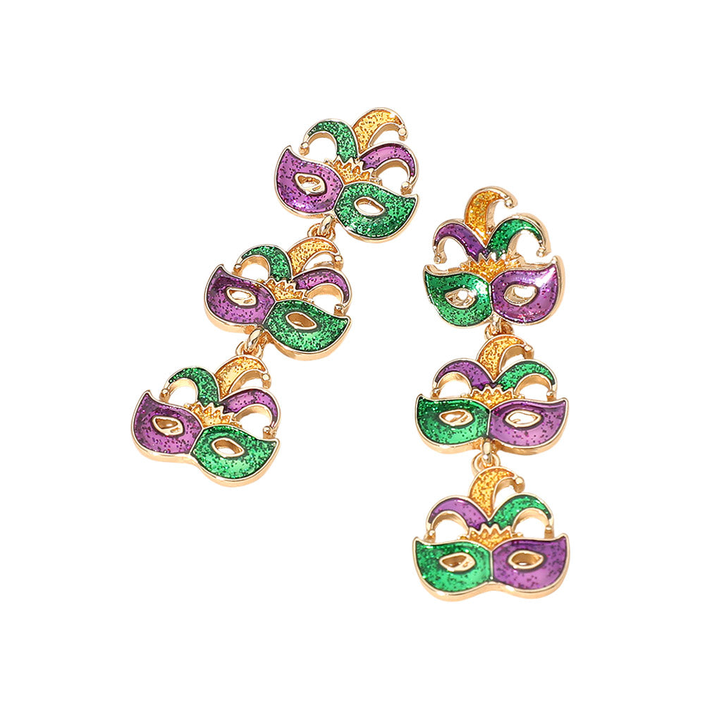 Madeline Love Gold Triple Mardi Gras Jester Mask Link Drop Earrings - desc