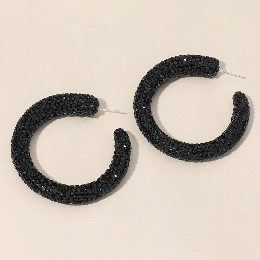 Madeline Love Jet Black, Silver Sterling Silver Post Rhinestone Studded Hoop Earrings