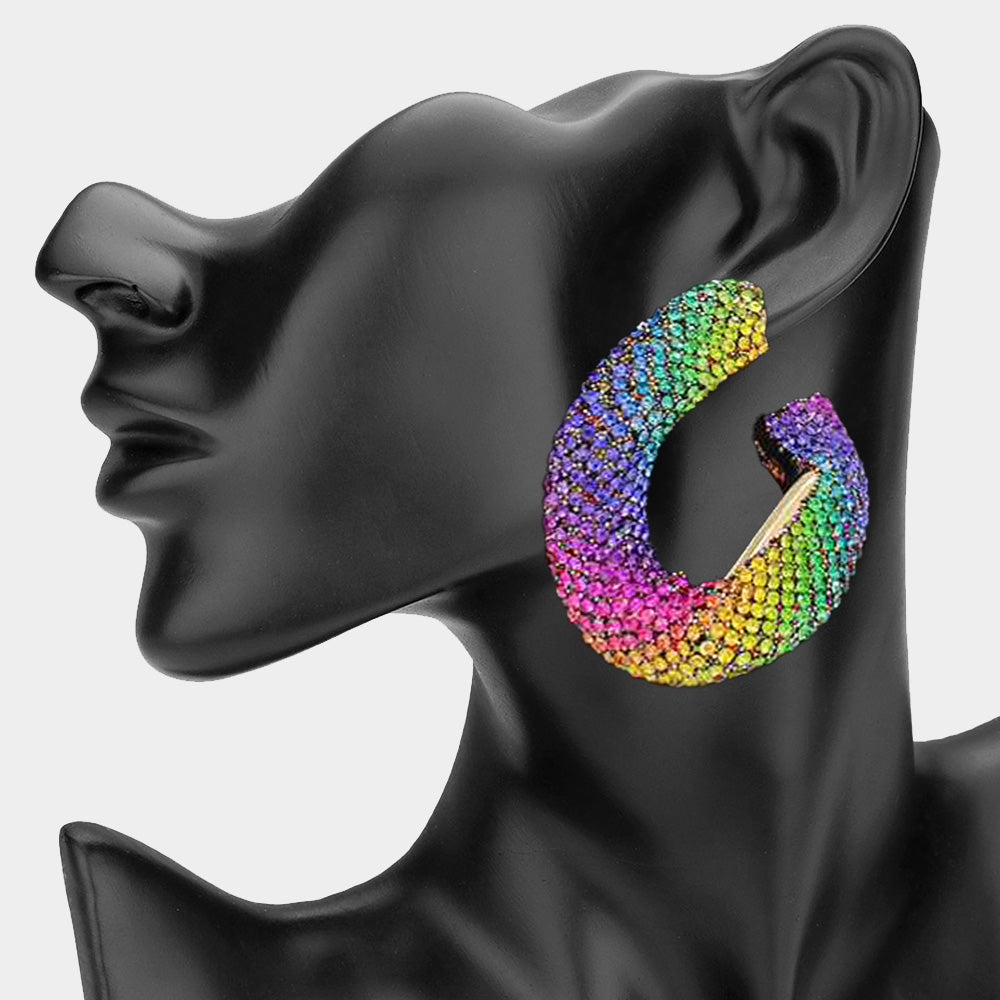 Madeline Love Gold, Multi Oversized Bling Rhinestone Studded Twisted Open Teardrop Evening Hoop Earrings