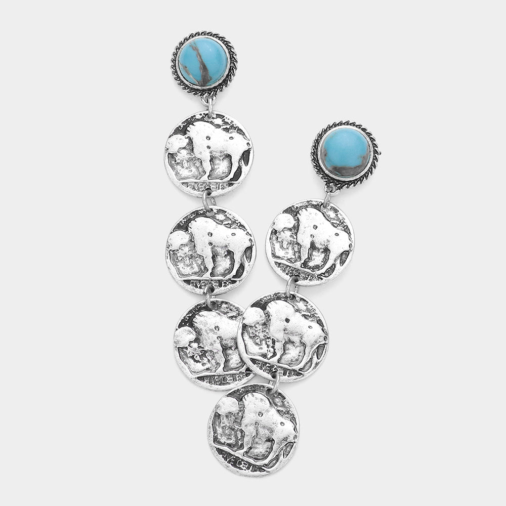 Madeline Love Turquoise Natural Stone Metal Coin Link Dangle Earrings