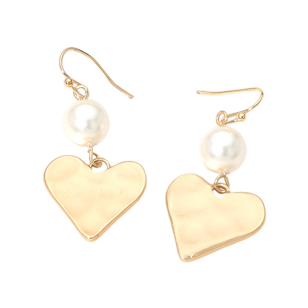 Madeline Love Gold Matte Hammered Metal Heart Pearl Link Drop Earrings - desc
