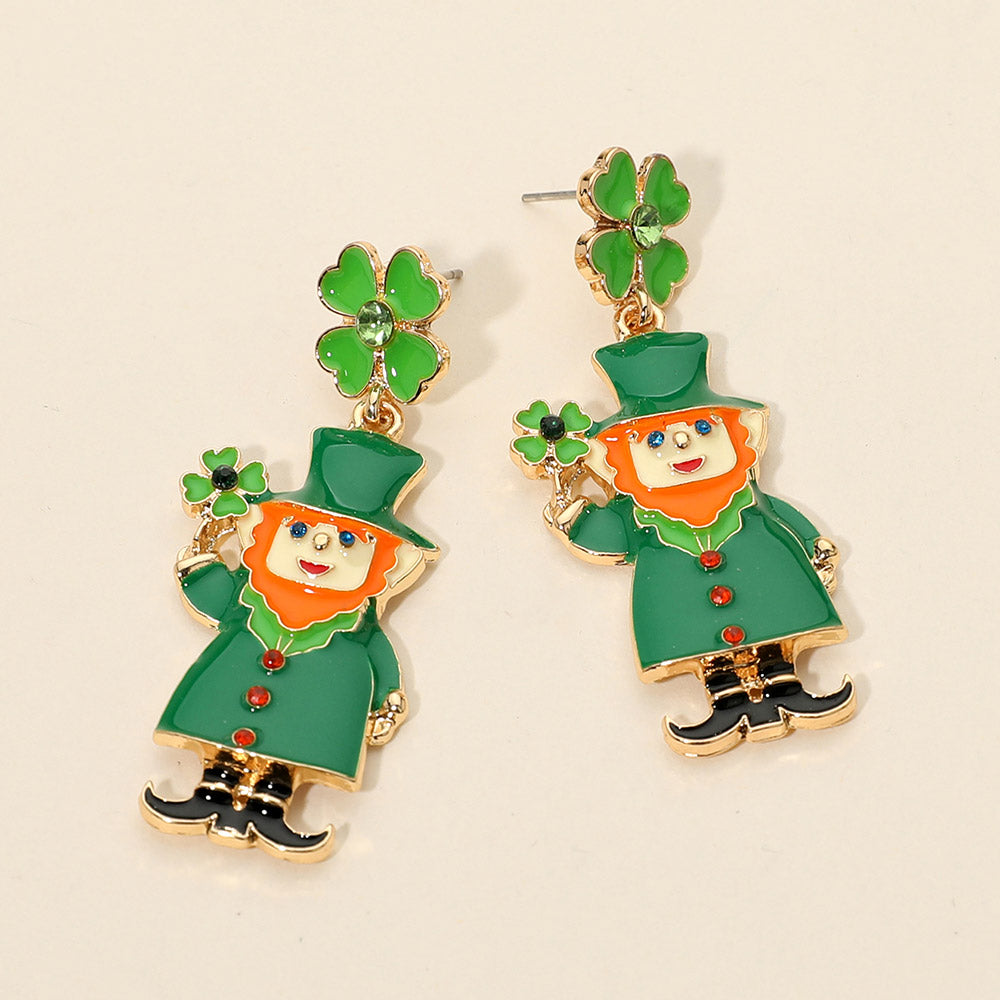 Madeline Love Green Enamel Leprechaun Drop Dangle Earrings