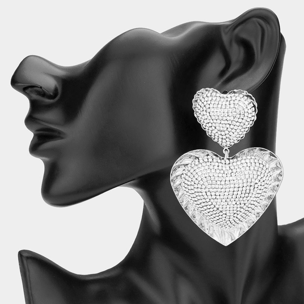 Madeline Love Clear, Rhodium Oversized Stone Paved Heart Dangle Earrings