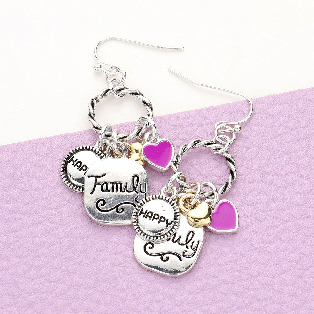 Madeline Love Two Tone Braided Open Circle Happy Family Enamel Heart Dangle Earrings