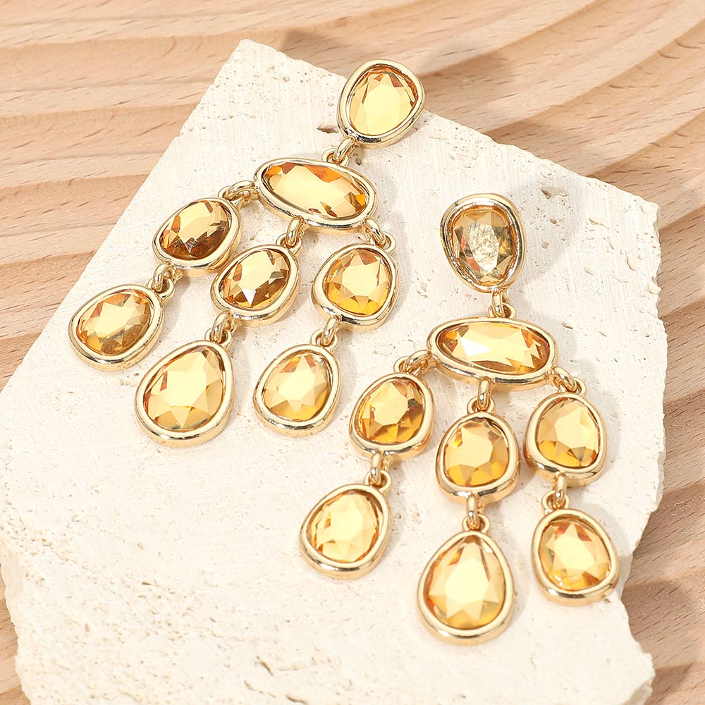Madeline Love Champagne, Gold Teardrop Stone Cluster Chandelier Statement Earrings