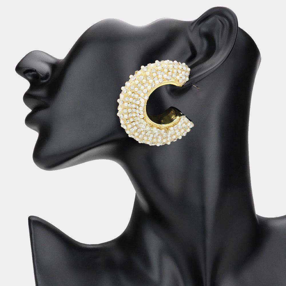 Madeline Love Cream, Gold Dainty Pearl Stone Detailed Oversized Hoop Earrings