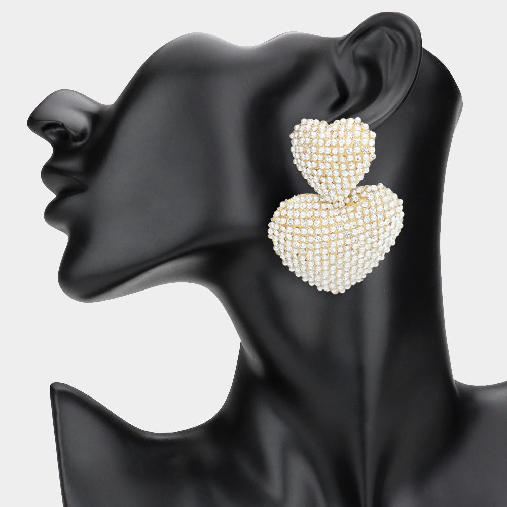 Madeline Love Cream, Gold Bold Pearl Rhinestone Paved Double Heart Earrings