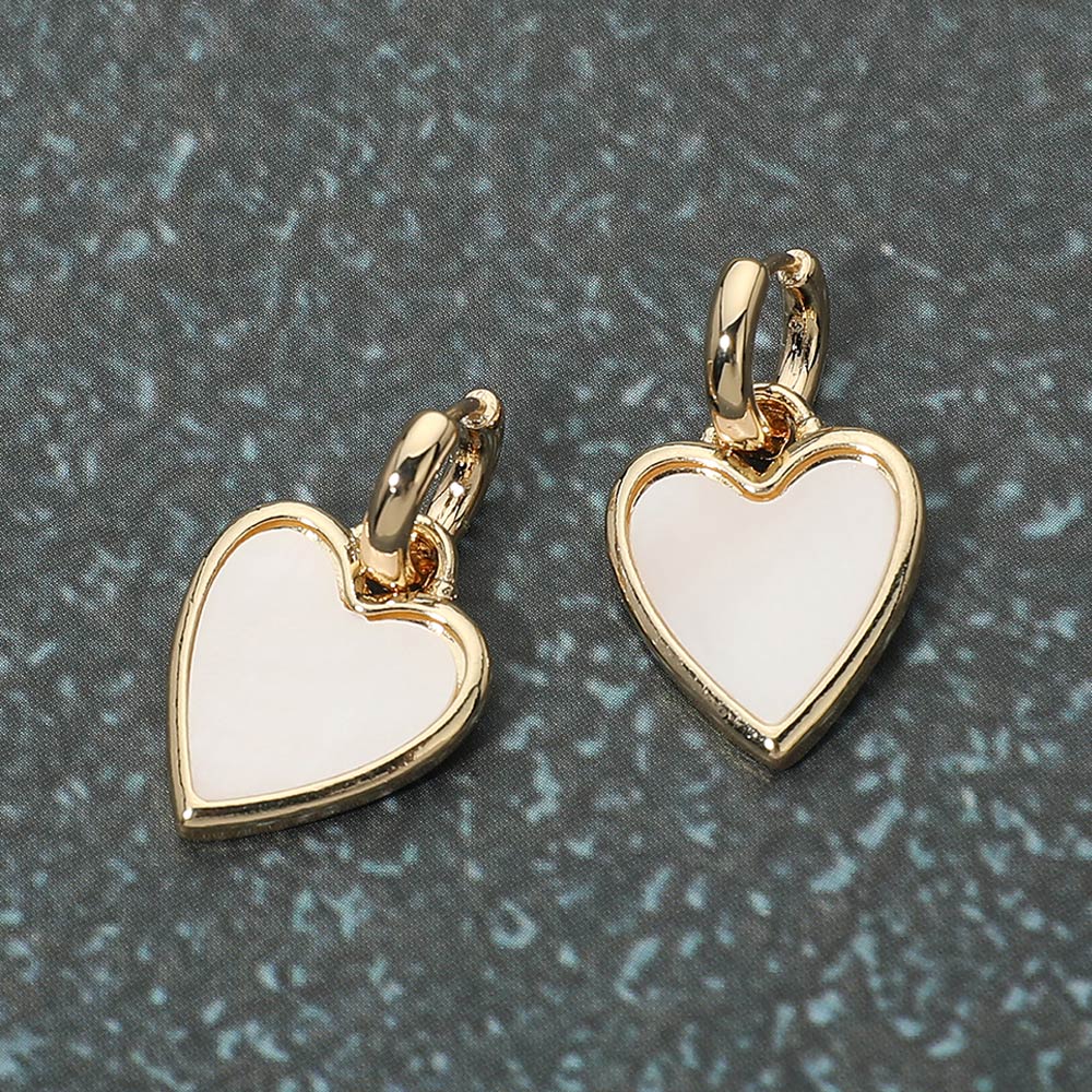 Madeline Love Gold, Mother of Pearl Heart Charm Drop Huggie Earrings