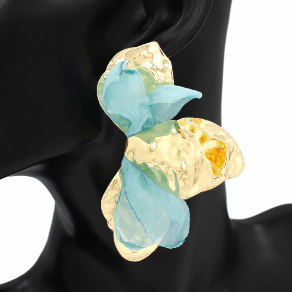 Madeline Love Blue Zircon, Gold Oversized Sculpted Floral Petal Earrings - desc