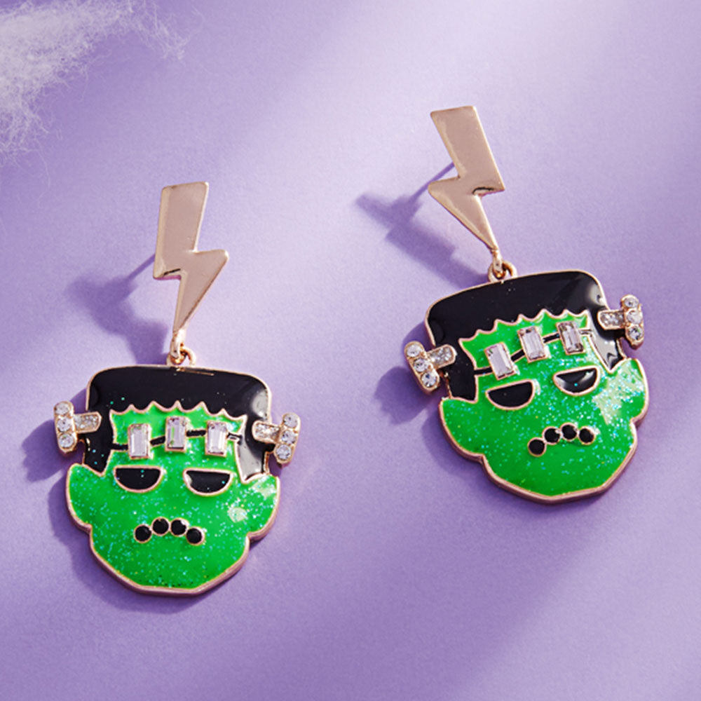 Gold Stone Accent Glittered Enamel Halloween Lightning Bolt Frankenstein Dangle Earrings
