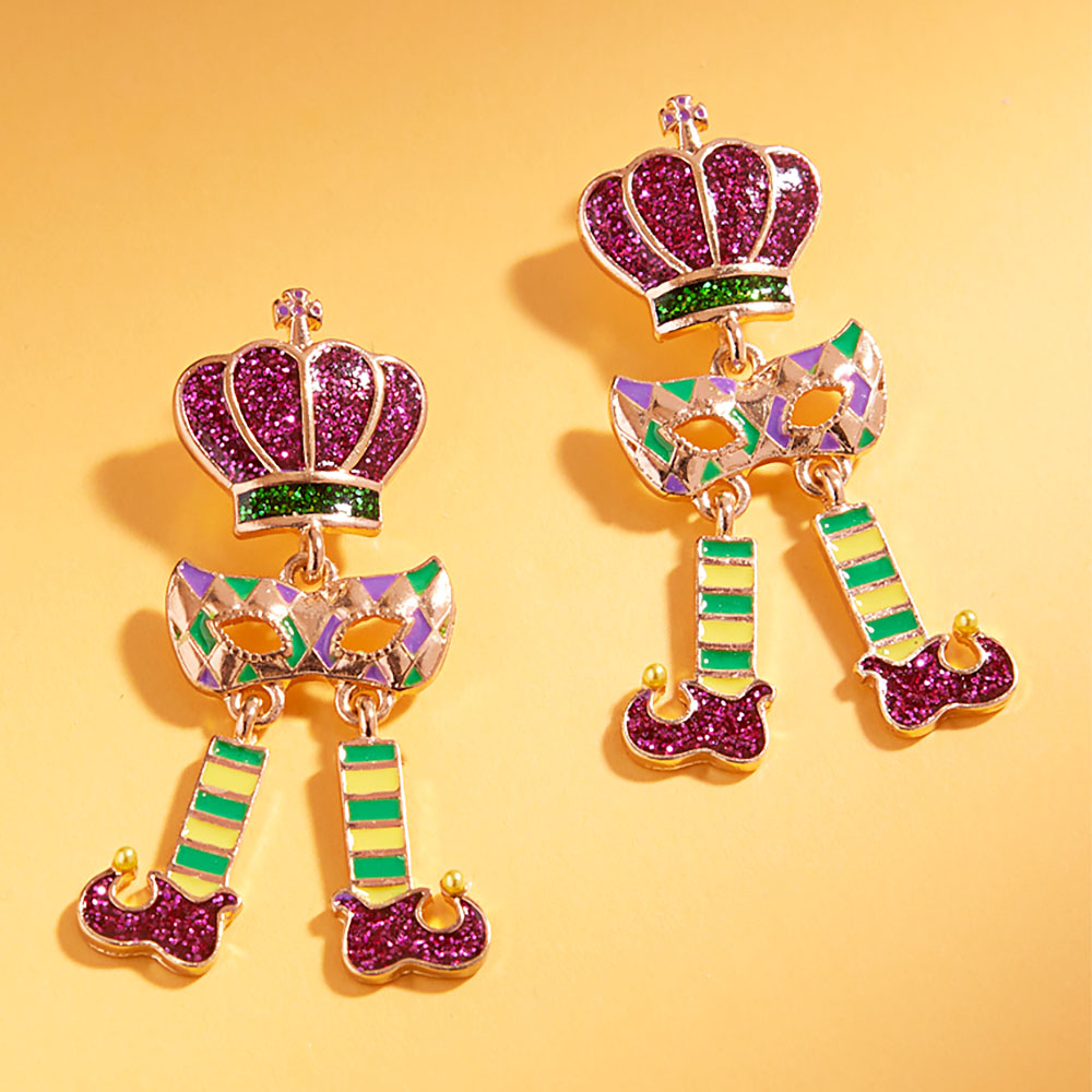 Gold Glitter Enamel Mardi Gras Jester Crown Mask Shoes Link Drop Earrings