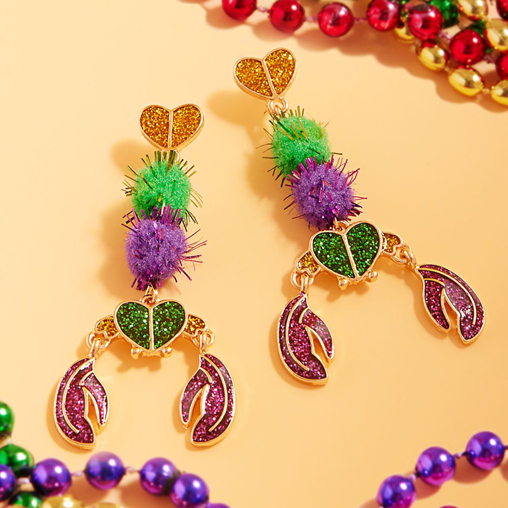 Multi Glittered Enamel Pom Pom Mardi Gras Crawfish Earrings