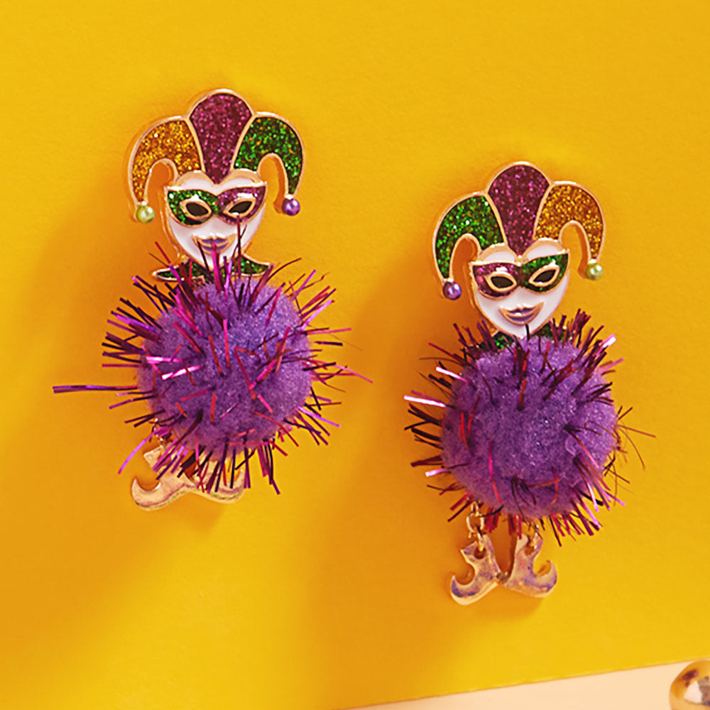 Gold Glittered Enamel Mardi Gras Jester Pom Pointed Earrings