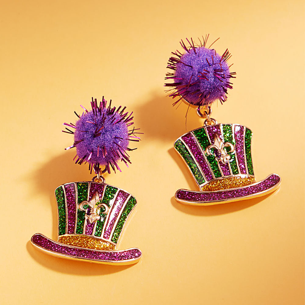Multi Glitter Enamel Mardi Gras Hat Dangle Pom Earrings