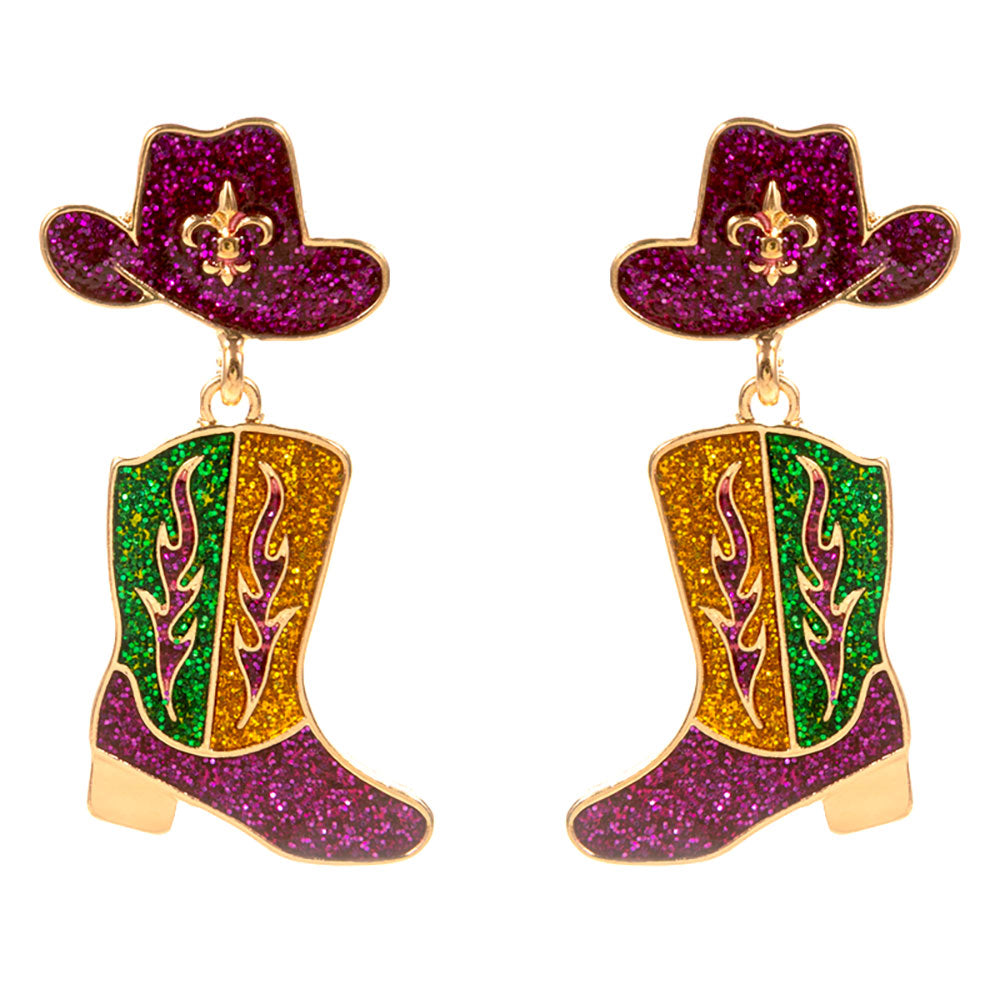 Gold Enamel Glitter Mardi Gras Western Hat Boot Drop Dangle Earrings