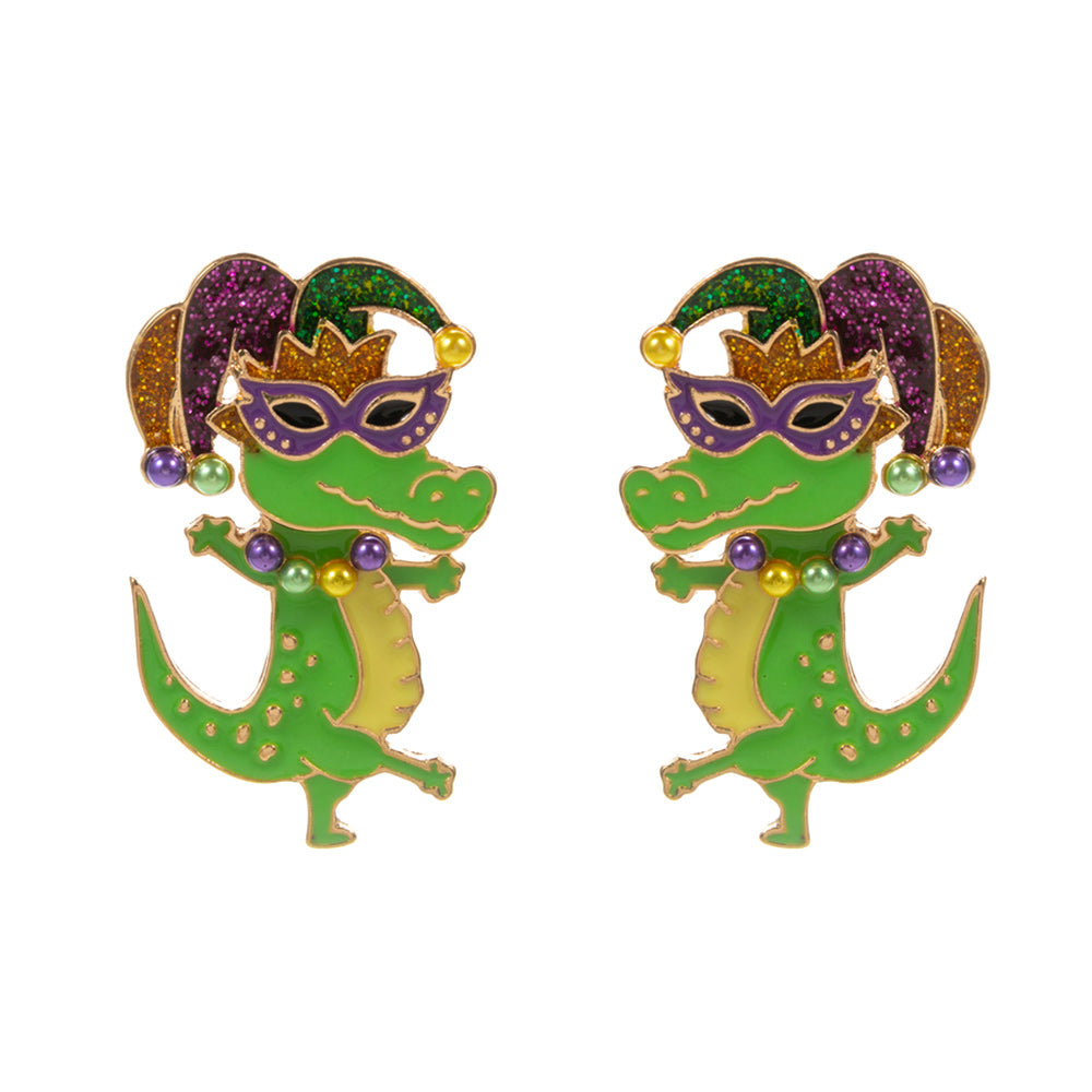 Gold Glittered Enamel Mardi Gras Alligator Earrings