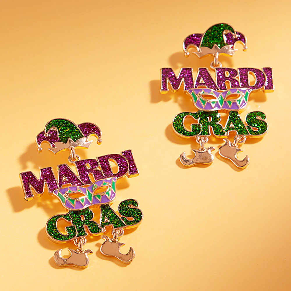 Gold Enamel Mardi Gras Letter Link Drop Earrings