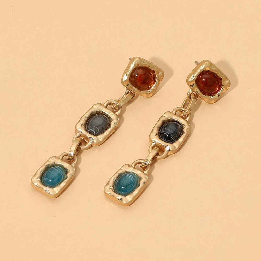 Madeline Love Blue, Multi, Worn Gold Organic Geometric Resin Cabochon Frame Link Drop Statement Earrings