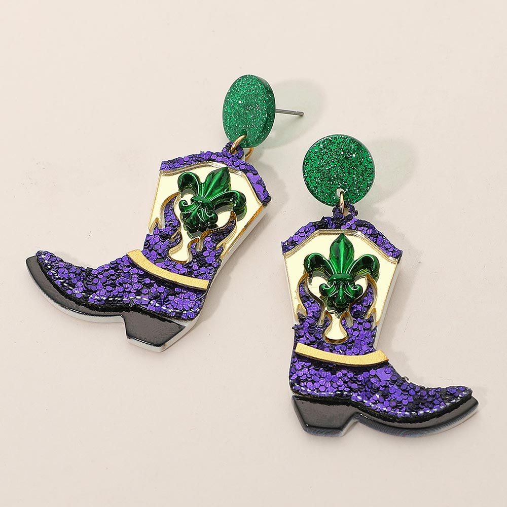 Multi Sequin Resin Mardi Gras Cowboy Boot Dangle Earrings