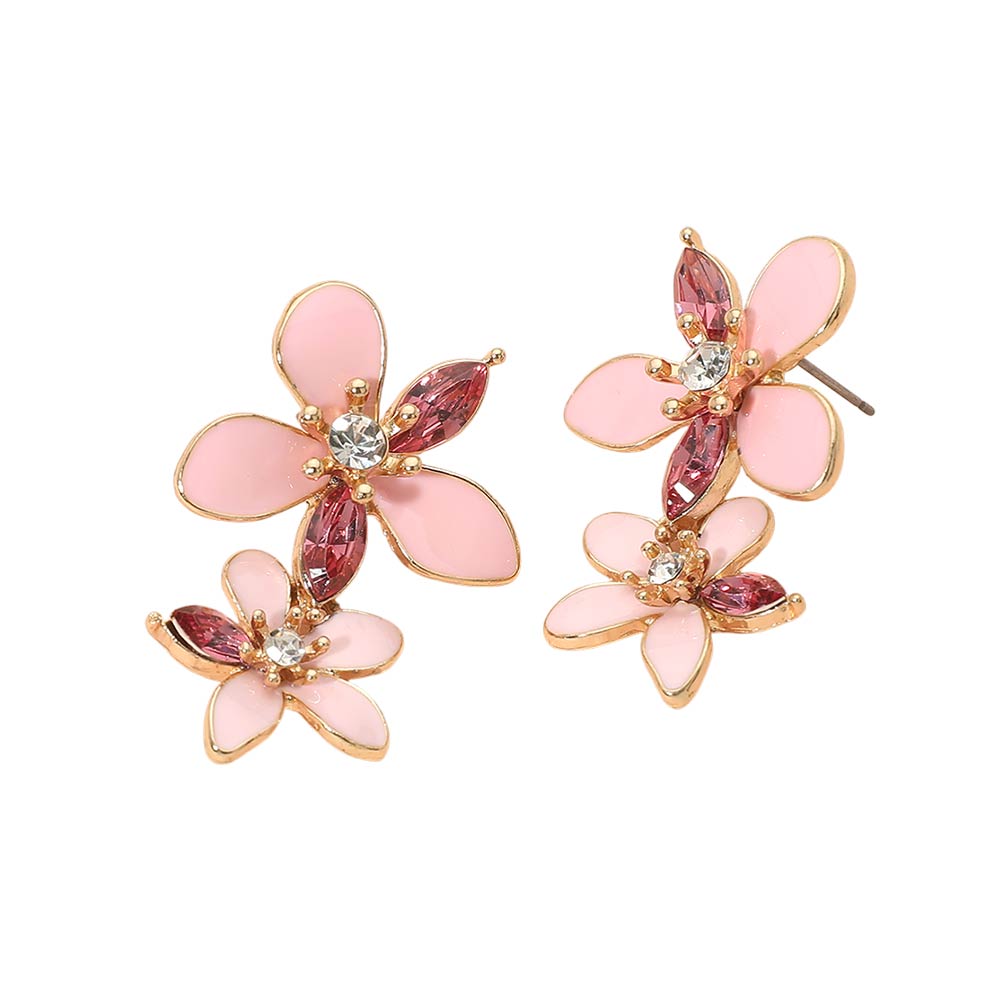 Madeline Love Gold, Pink Stone Accent Enamel Double Flower Link Drop Earrings - desc