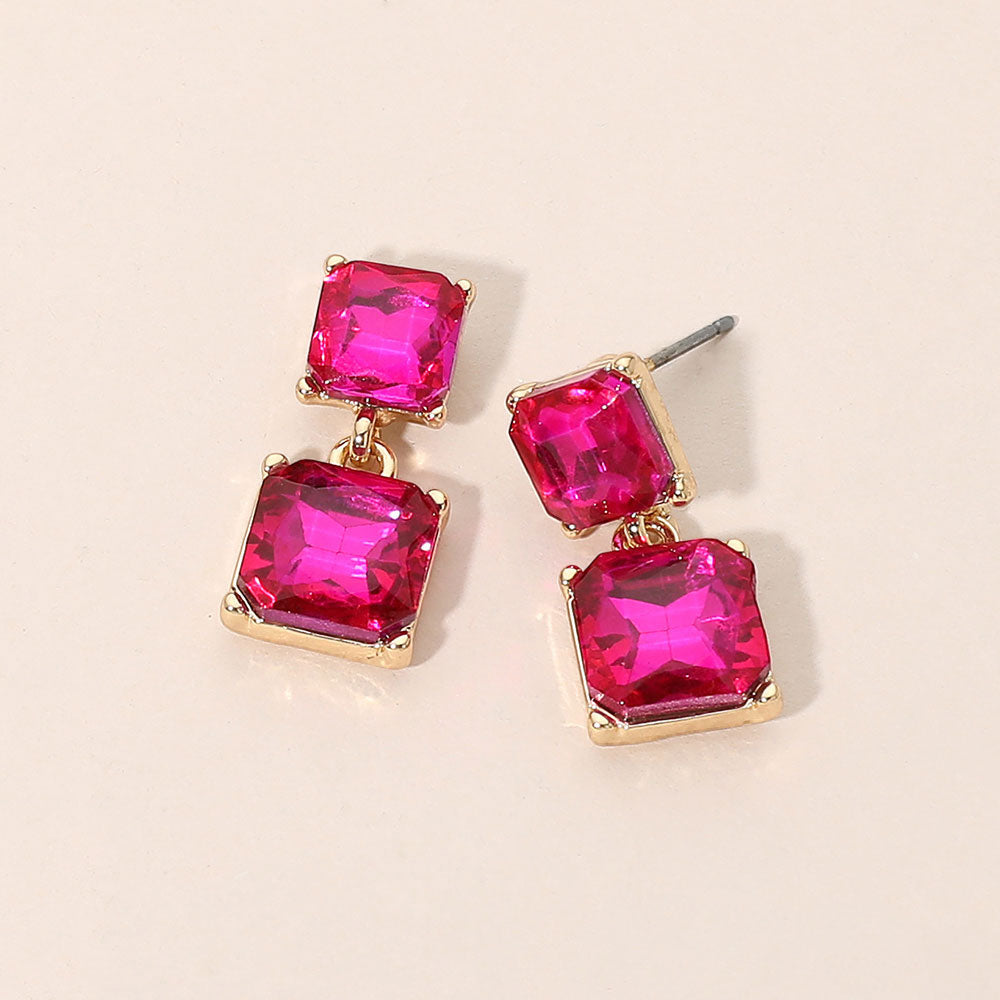 Madeline Love Fuchsia, Gold Faceted Square Gem Link Drop Earrings