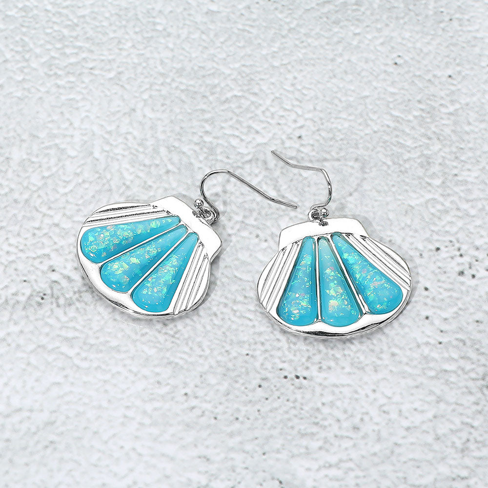 Madeline Love Aqua, Rhodium Glittered Enamel Accent Sea Shell Dangle Earrings