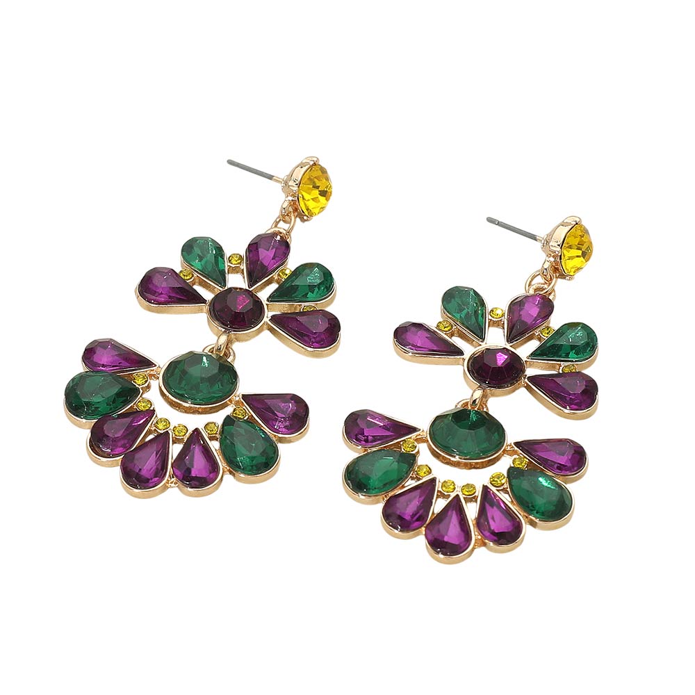 Madeline Love Gold Mardi Gras Teardrop Cluster Petal Fan Drop Statement Earrings - desc