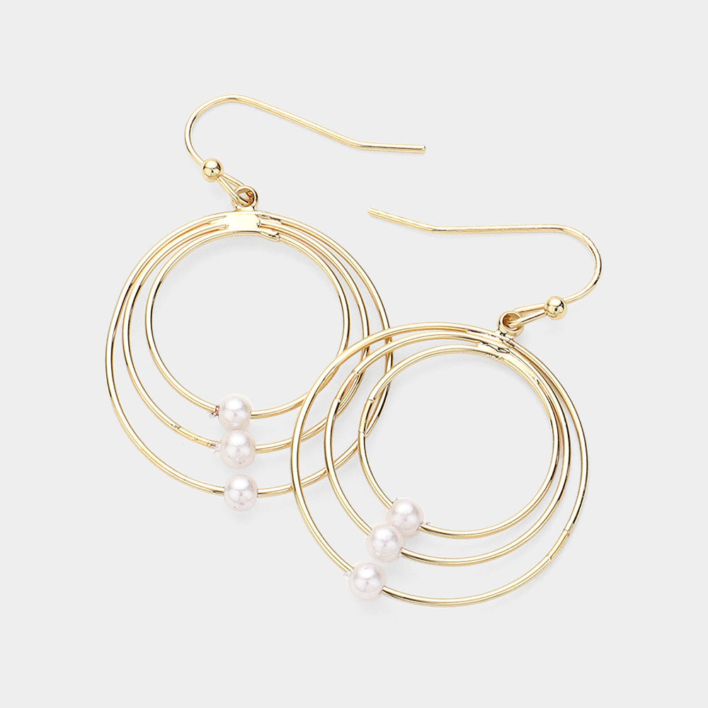 Madeline Love Cream, Gold Pearl Pointed Abstract Triple Open Circle Dangle Earrings