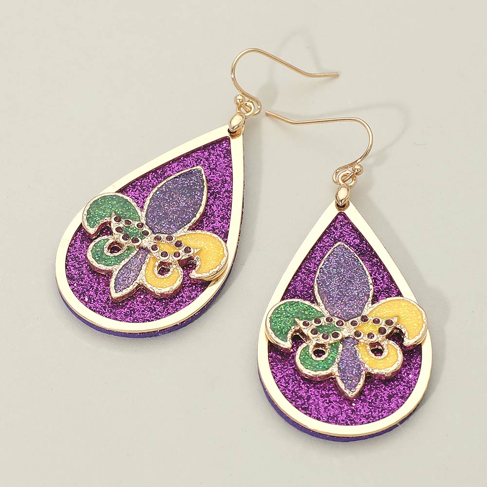 Madeline Love Gold Glitter Mardi Gras Fleur de Lis Teardrop Dangle Earrings