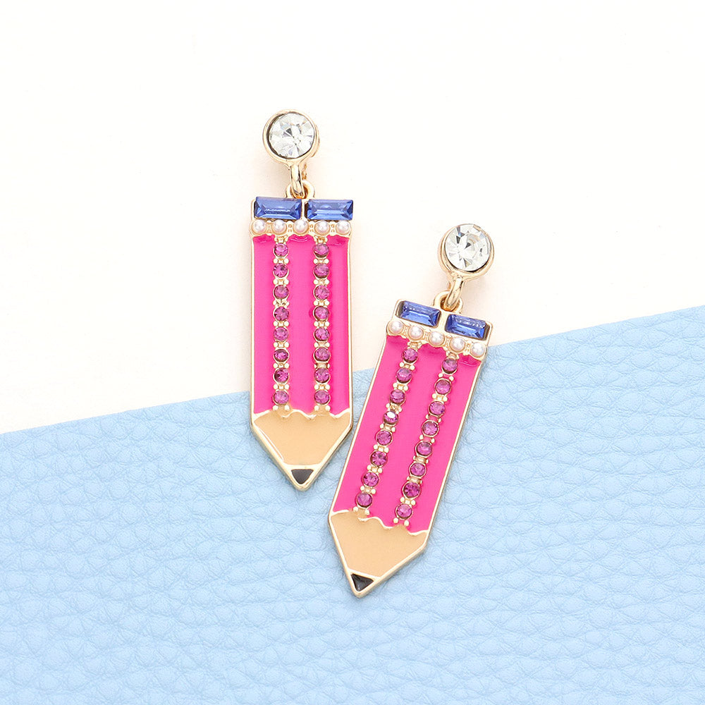 Madeline Love Fuchsia Rhinestone Embellished Enamel Pencil Dangle Earrings