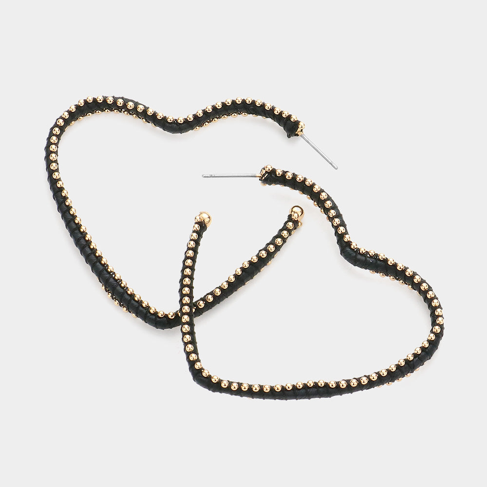 Madeline Love Black, Gold Metal Ball Trimmed Heart Hoop Earrings