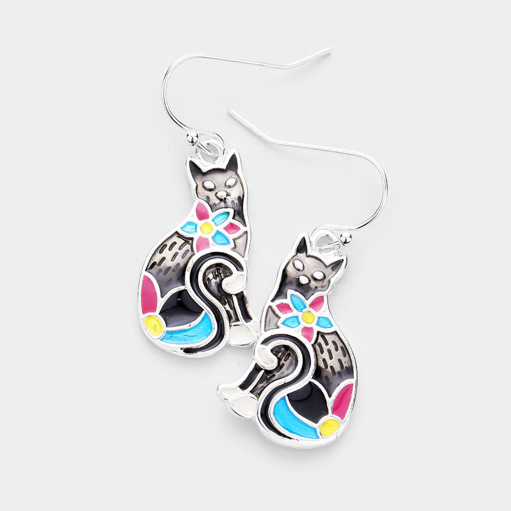 Madeline Love Antique Silver, Black Enamel Cat Dangle Earrings