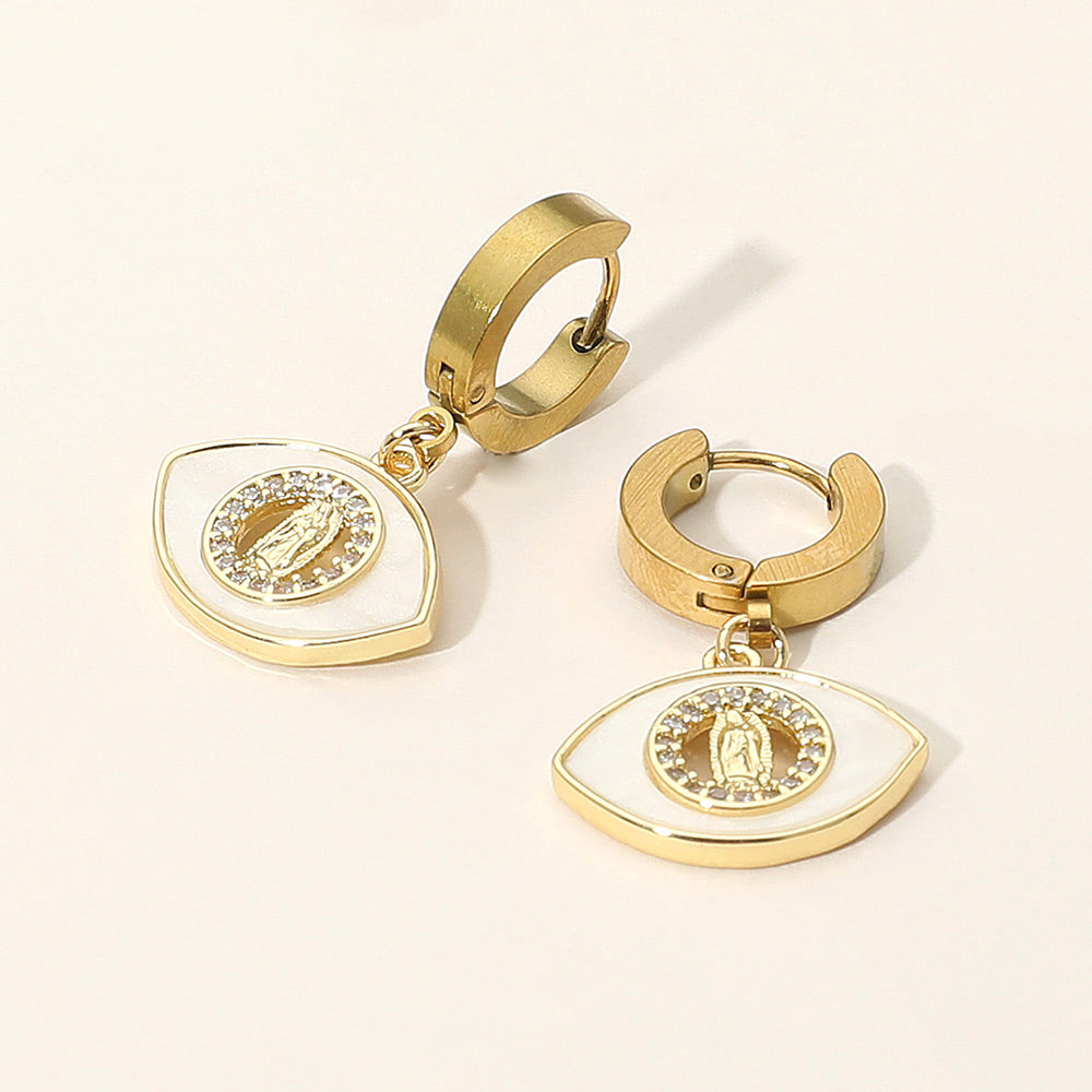 Madeline Love Gold, Mother of Pearl Stainless Steel Mother of Pearl CZ Stone Rim Virgin Mary Accent Evil Eye Charm Dangle Huggie Earrings