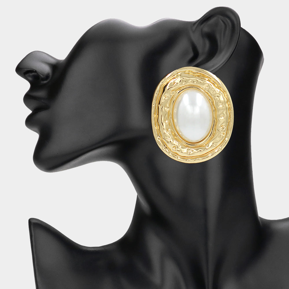 Madeline Love Cream, Gold Oversized Oval Pearl Accented Hammered Metal Plate Earrings