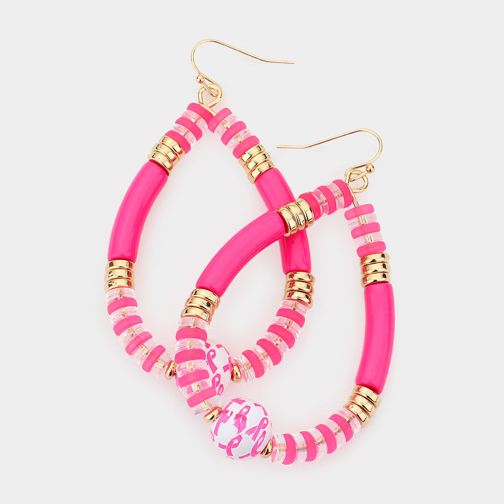 Pink Pink Ribbon Accented Resin Open Teardrop Dangle Earrings