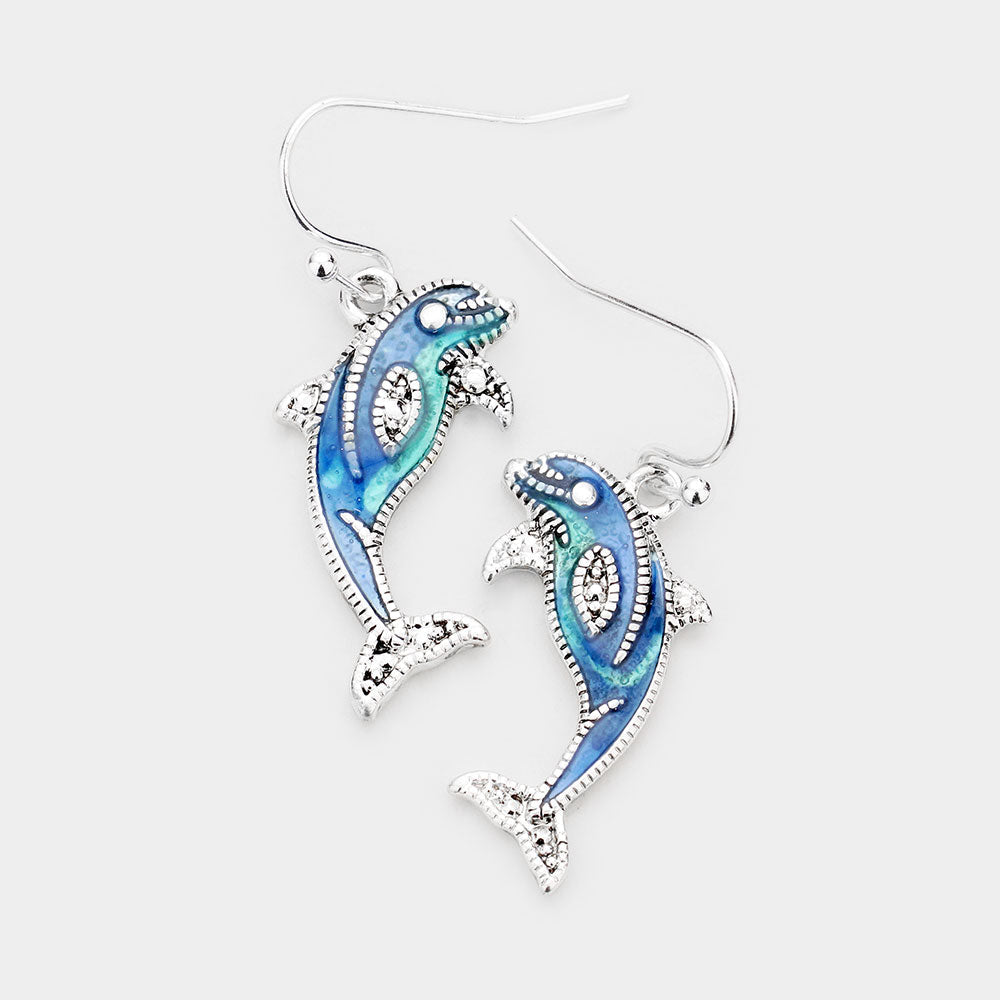 Antique Silver, Blue Enamel Metal Dolphin Dangle Earrings