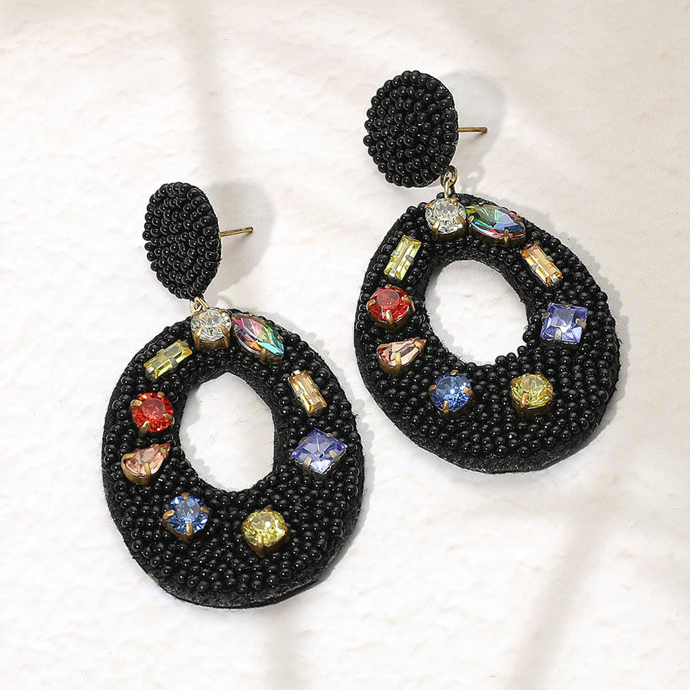 Madeline Love Black, Gold Multi Stone Embellished Seed Beaded Cutout Oval Dangle Earrings