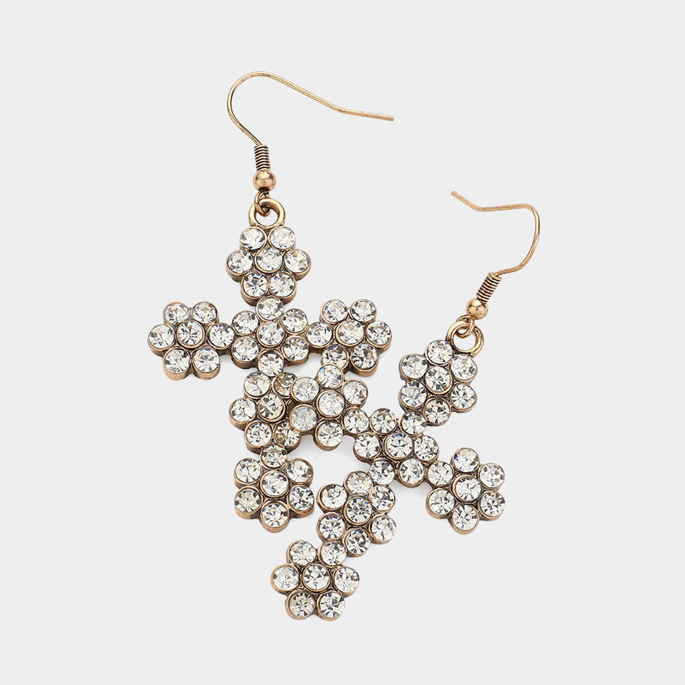 Madeline Love Clear, Gold Burnished Stone Paved Flower Cross Dangle Earrings