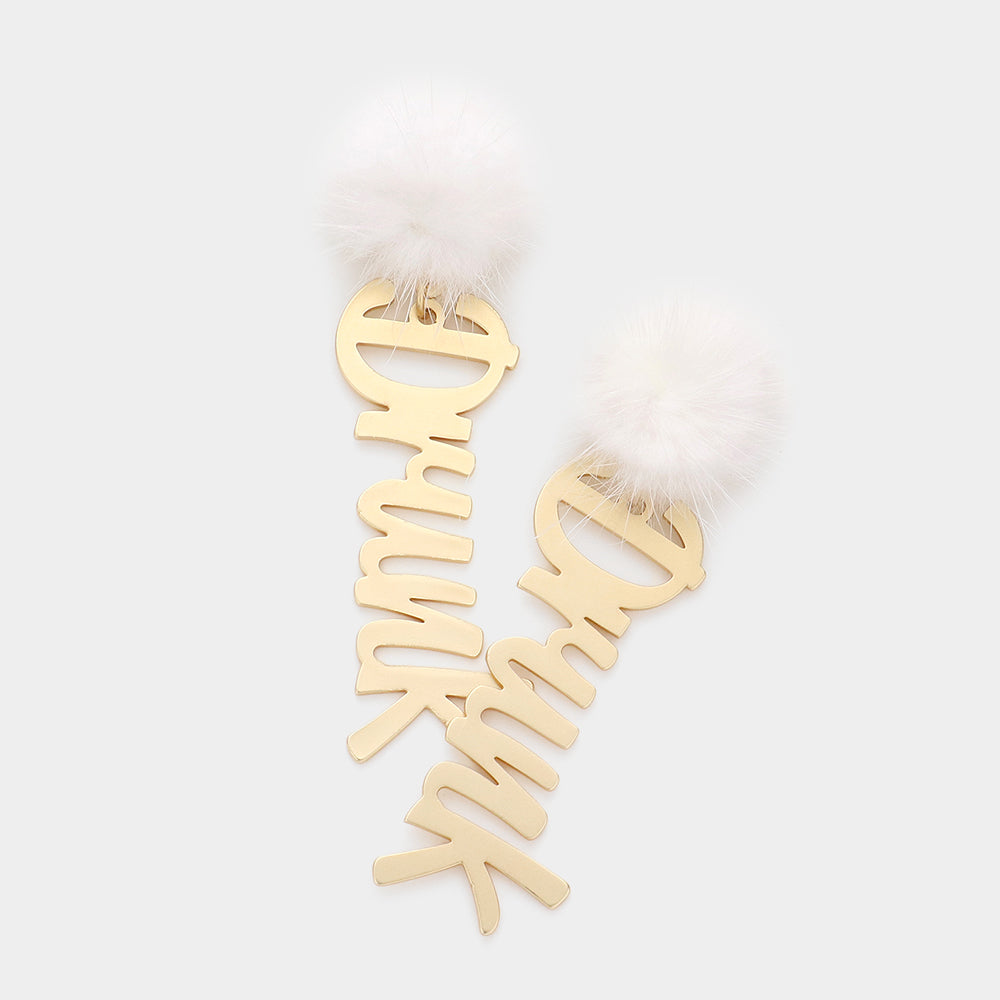 Madeline Love Gold Pom Pom Metal Drunk Message Link Dangle Earrings