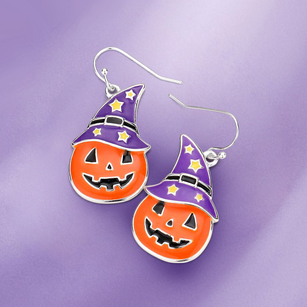 Multi, Silver Enamel Witch Hat Pumpkin Dangle Earrings