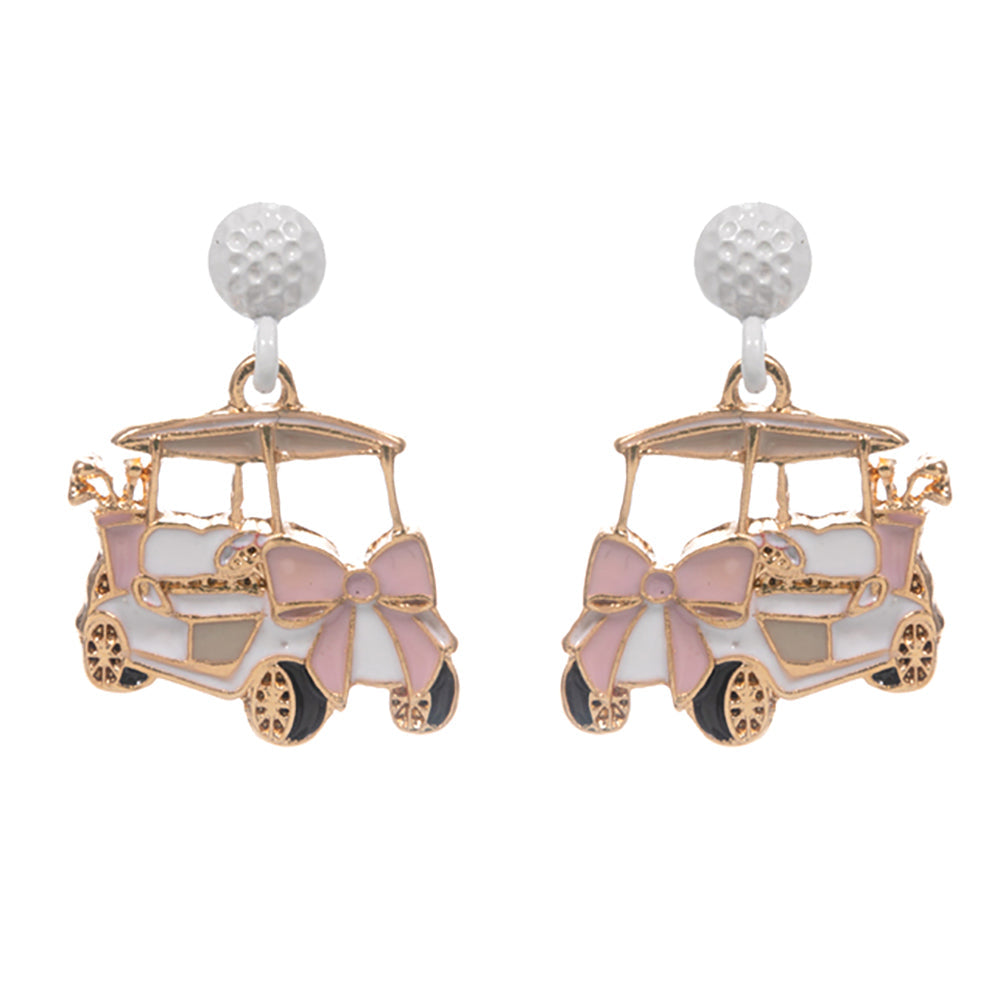 Madeline Love White Enamel Bow Accent Golf Cart Drop Dangle Earrings - desc