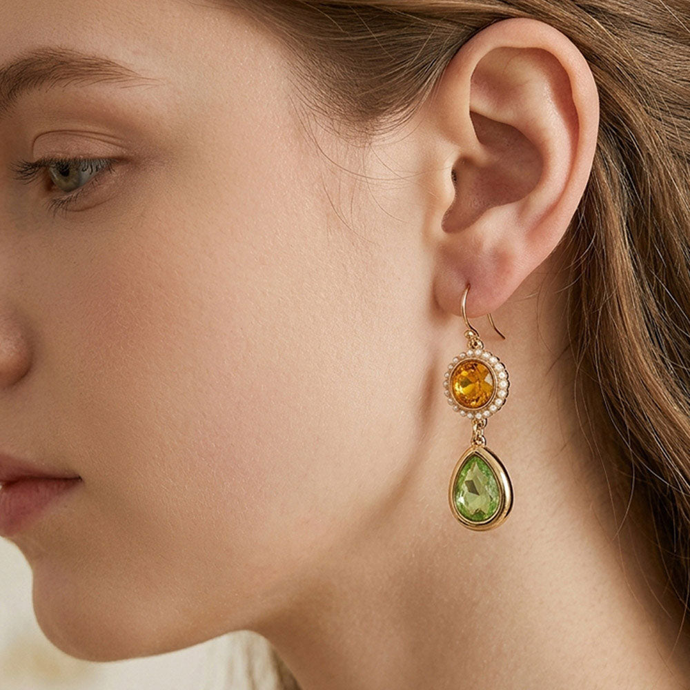 Madeline Love Green Pearl Trim Round Stone Faceted Teardrop Cluster Link Drop Earrings