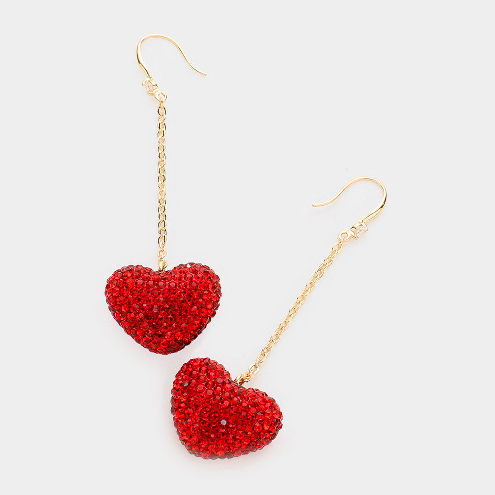 Dropped Rhinestone Pave Heart Dangle Earrings - Earrings